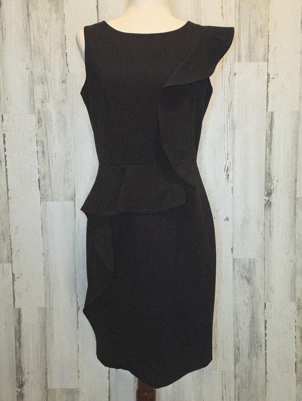 Calvin Klein Dress Size 6 Black Ruffle Peplum Sheath Cocktail Career Mid